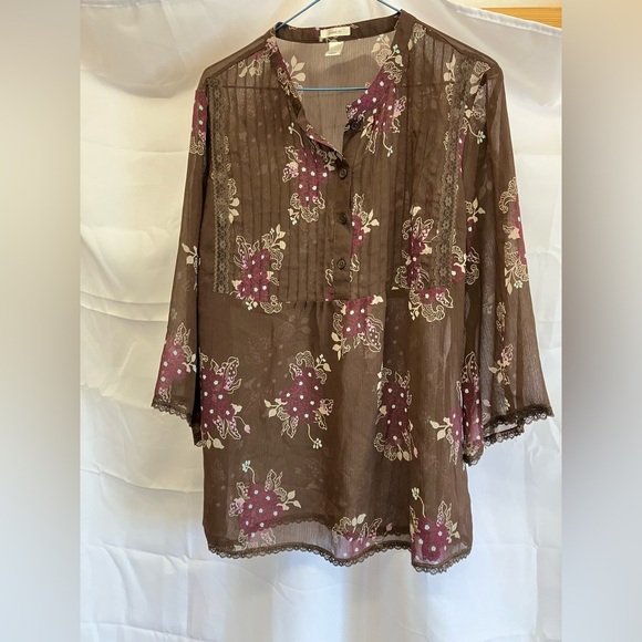Old Navy Brown Pink Pleated Blouse with 3/4 Sleeves - Picture 1 of 3